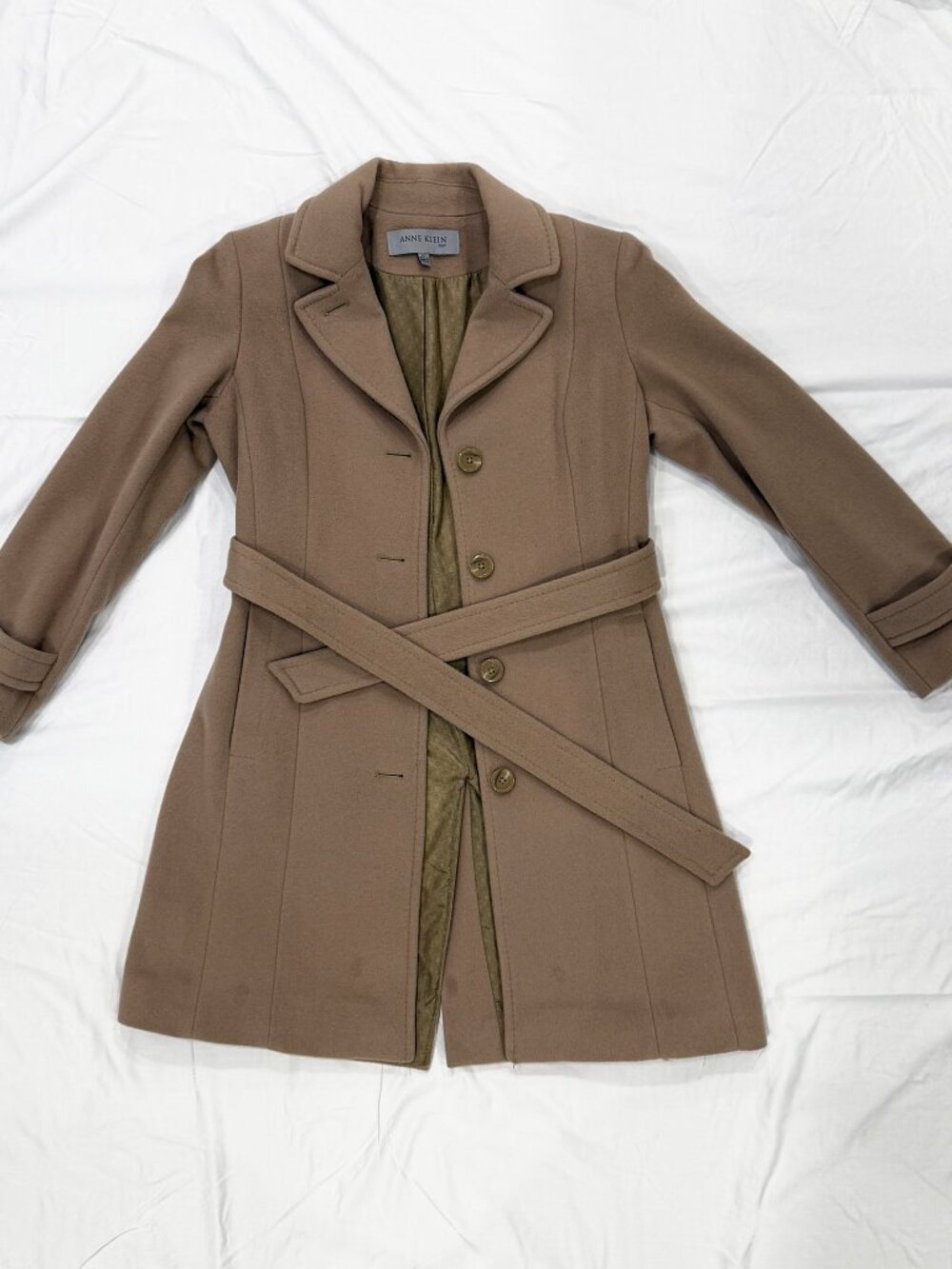 Anne Klein Camel Wool Cashmere Belted Walker Coat 6P Petite Never Worn